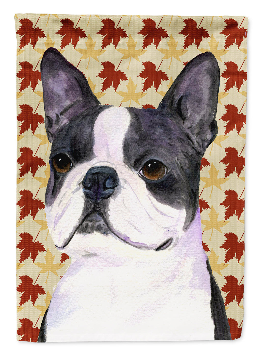 Boston Terrier Fall Leaves Portrait House Flag 28x40 Porch Sleeve Pole Decorative Outside Yard Banner Artwork Wall Hanging, Polyester