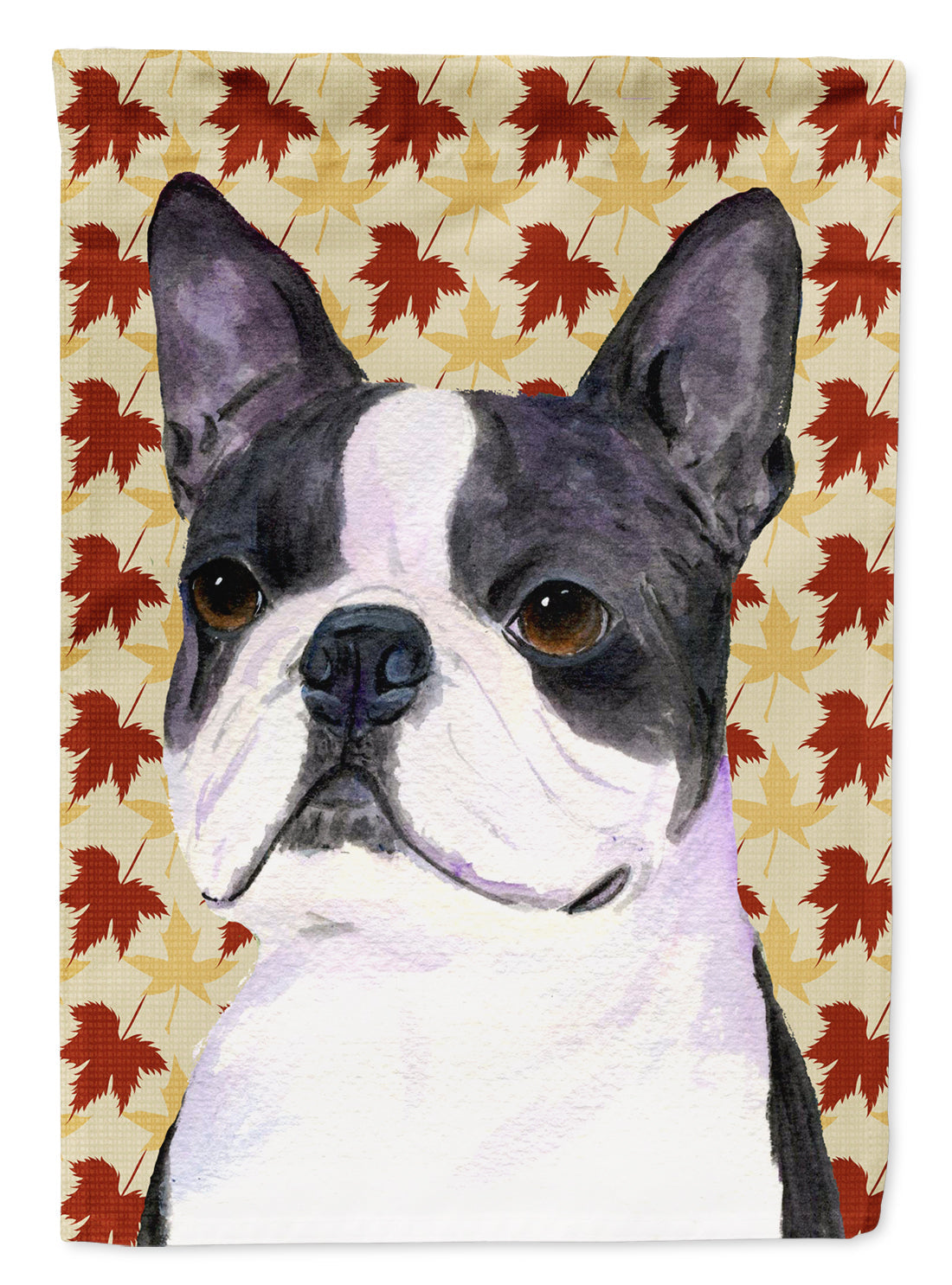 Boston Terrier Fall Leaves Portrait House Flag 28x40 Porch Sleeve Pole Decorative Outside Yard Banner Artwork Wall Hanging, Polyester