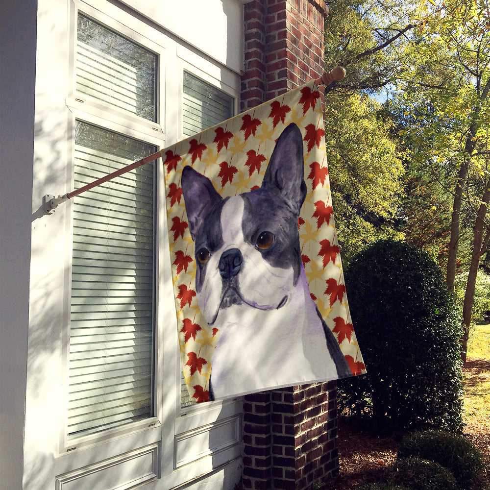 Boston Terrier Fall Leaves Portrait House Flag 28x40 Porch Sleeve Pole Decorative Outside Yard Banner Artwork Wall Hanging, Polyester