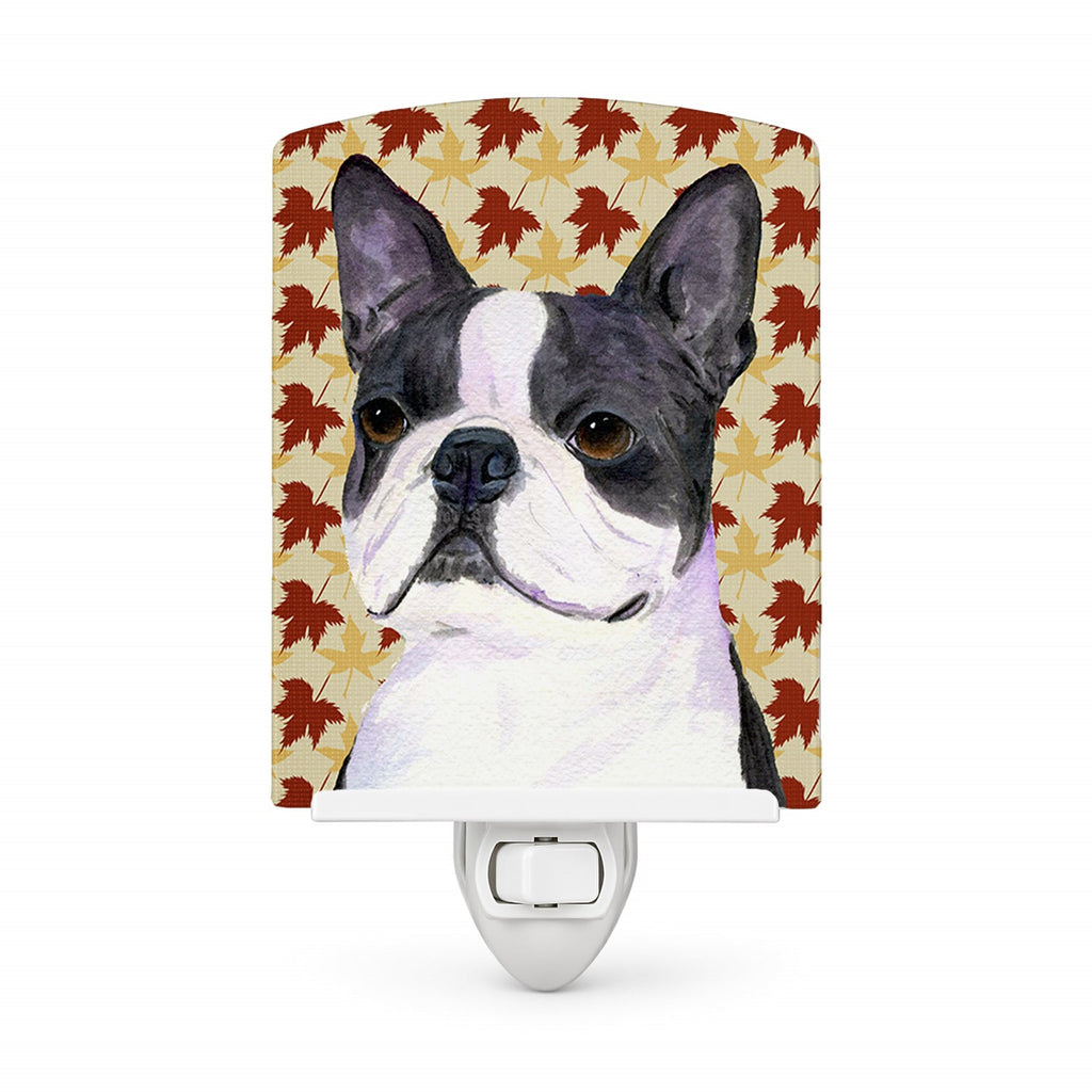 Boston Terrier Fall Leaves Portrait Ceramic Night Light Compact, UL-Certified, Ideal for Bedroom, Bathroom, Nursery, Hallway, Kitchen, 6x4x3, Multicolor