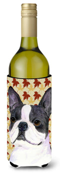 Boston Terrier Fall Leaves Portrait Wine Bottle Hugger Gift Sleeve for Standard 750 ml Bottles, Insulated Reusable Also Fits Mini Shot & Pint Bottles