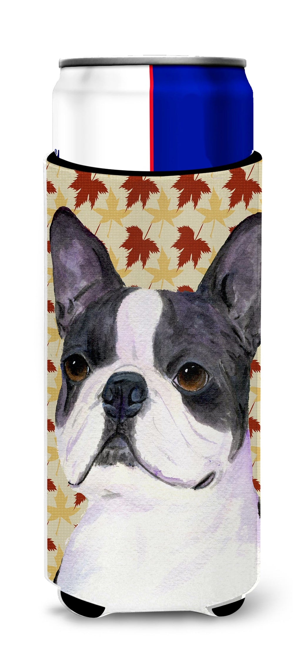 Boston Terrier Fall Leaves Portrait Slim Can Hugger , Insulated Foam Hugger for 12 oz Slim Cans, Beer Bottles & Water Bottles, Printed in USA