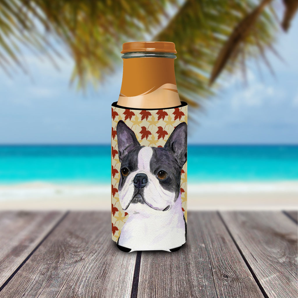 Boston Terrier Fall Leaves Portrait Slim Can Hugger , Insulated Foam Hugger for 12 oz Slim Cans, Beer Bottles & Water Bottles, Printed in USA