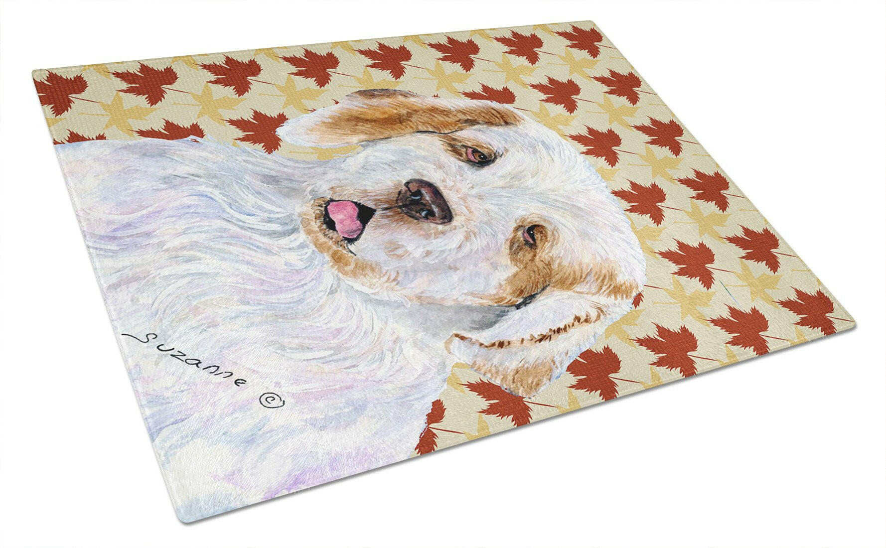 Clumber Spaniel Fall Leaves Portrait Cutting Board Tempered Glass Kitchen Cutting Surface, Heat Resistant Chopping, Non-Slip Feet, Food Prep & Serving