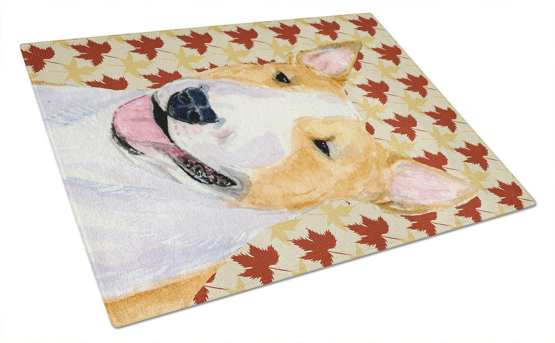 Bull Terrier Fall Leaves Portrait Cutting Board Tempered Glass Kitchen Cutting Surface, Heat Resistant Chopping, Non-Slip Feet, Food Prep & Serving