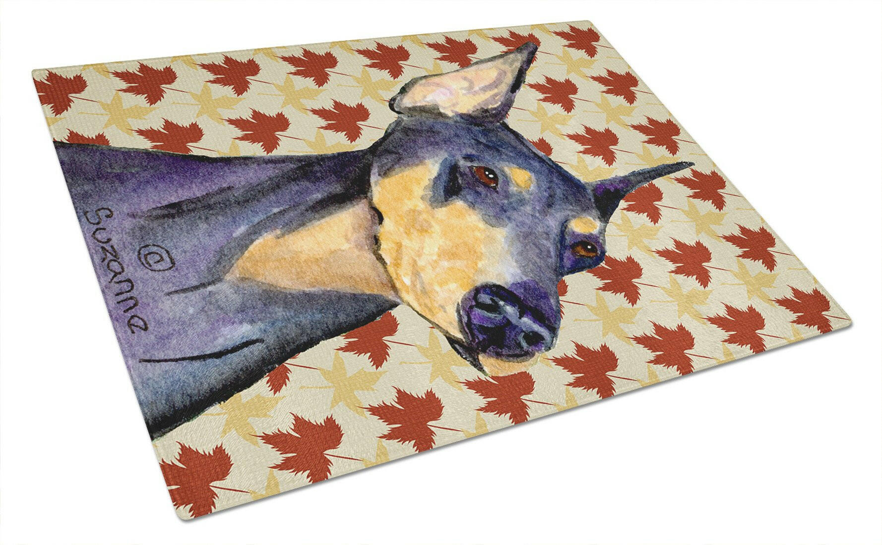 Doberman Fall Leaves Portrait Cutting Board Tempered Glass Kitchen Cutting Surface, Heat Resistant Chopping, Non-Slip Feet, Food Prep & Serving