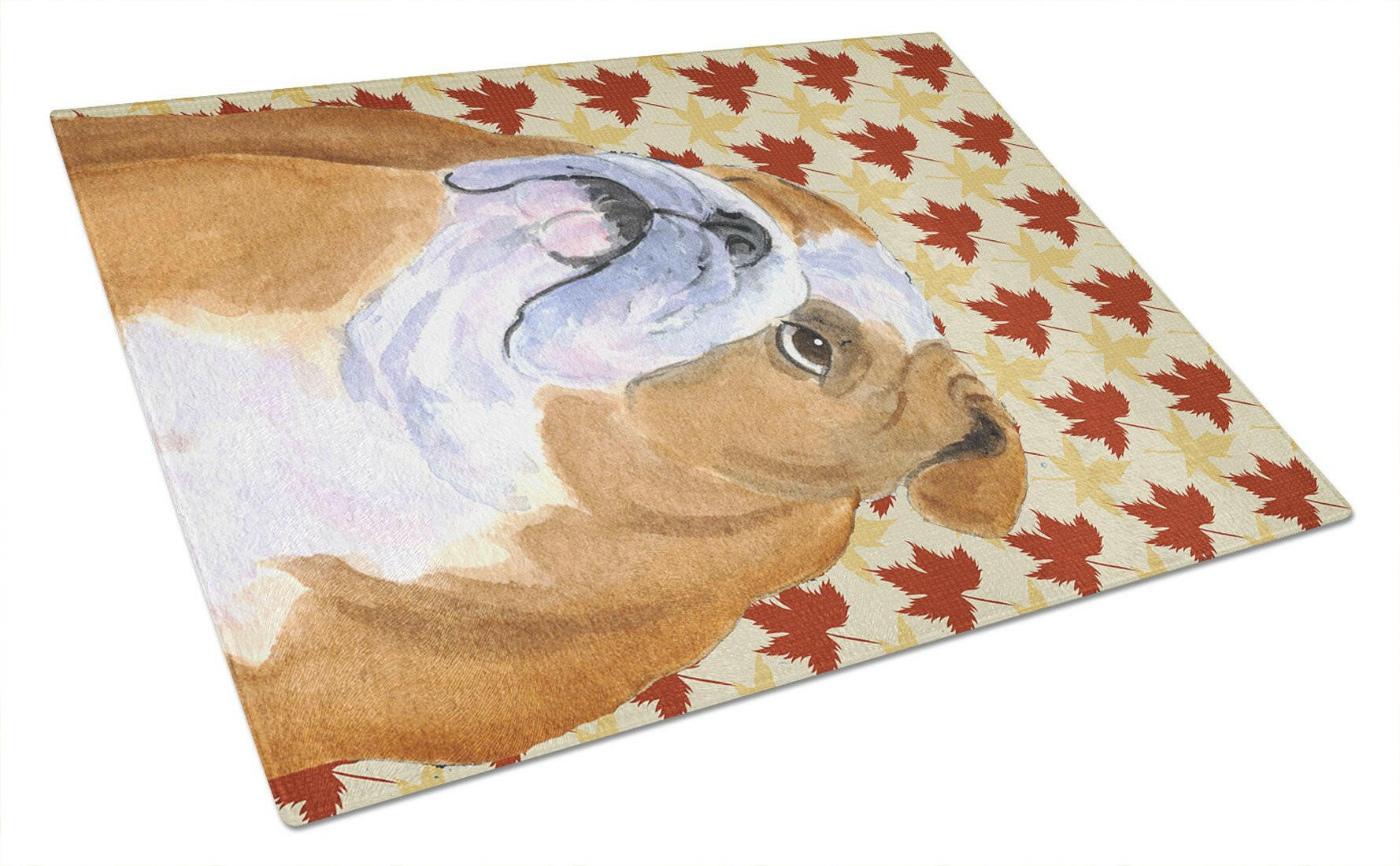 Bulldog English Fall Leaves Portrait Cutting Board Tempered Glass Kitchen Cutting Surface, Heat Resistant Chopping, Non-Slip Feet, Food Prep & Serving