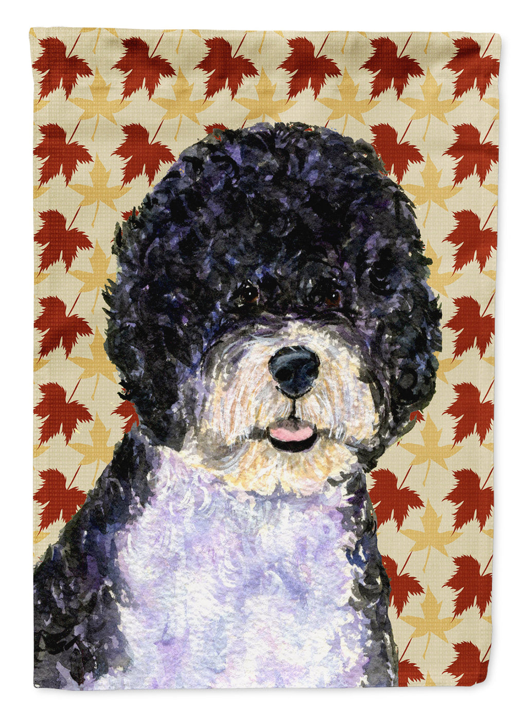 Portuguese Water Dog Fall Leaves Portrait House Flag 28x40 Porch Sleeve Pole Decorative Outside Yard Banner Artwork Wall Hanging, Polyester