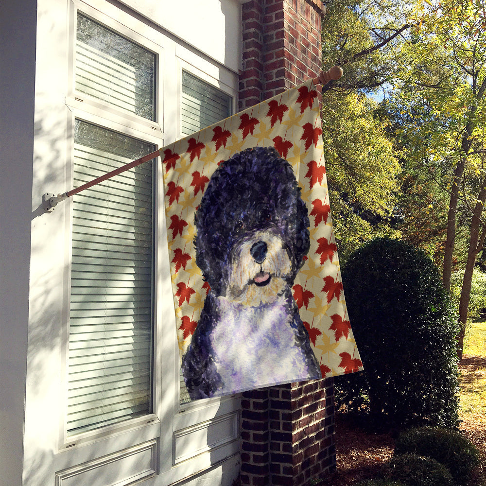 Portuguese Water Dog Fall Leaves Portrait House Flag 28x40 Porch Sleeve Pole Decorative Outside Yard Banner Artwork Wall Hanging, Polyester