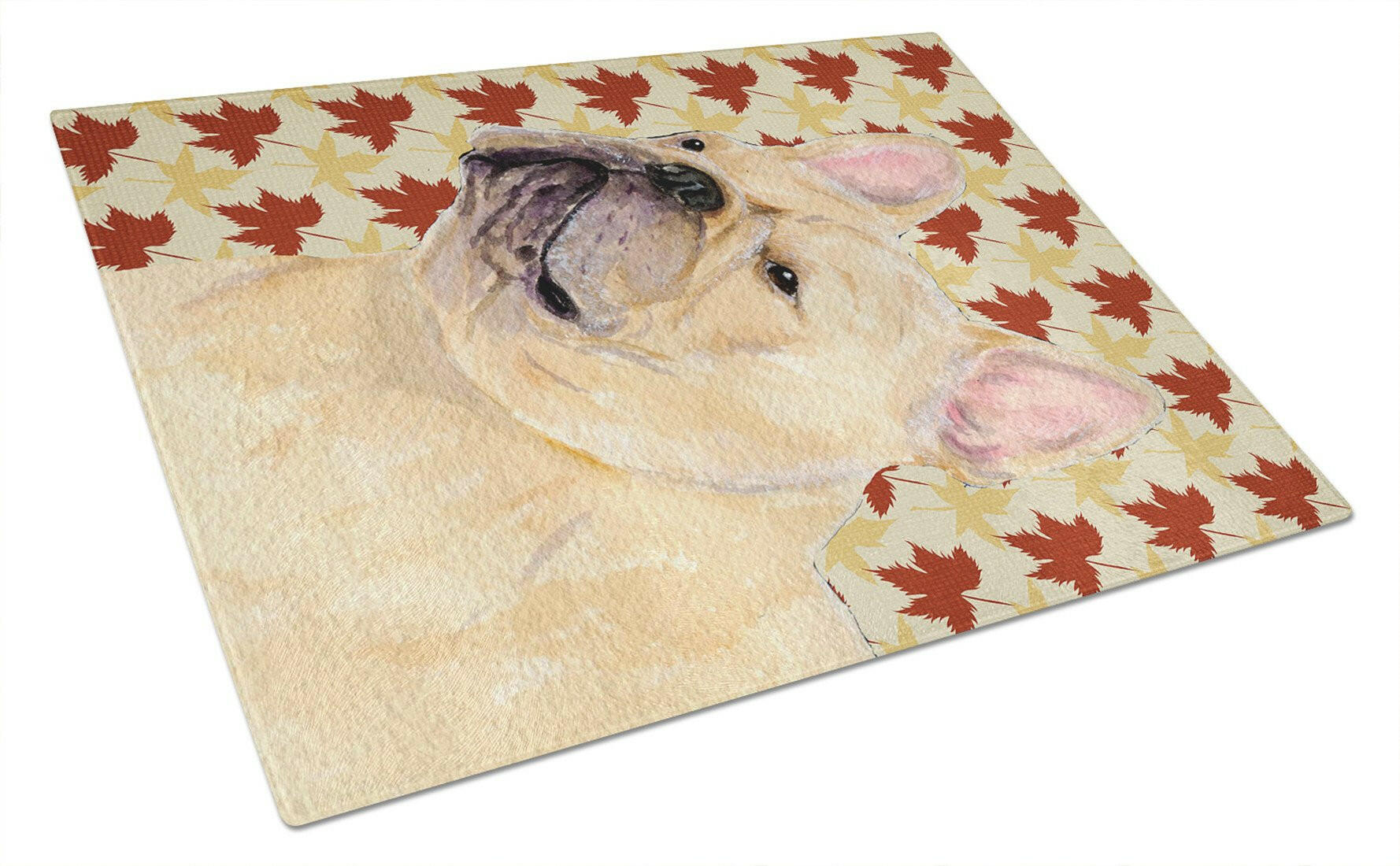 French Bulldog Fall Leaves Portrait Cutting Board Tempered Glass Kitchen Cutting Surface, Heat Resistant Chopping, Non-Slip Feet, Food Prep & Serving