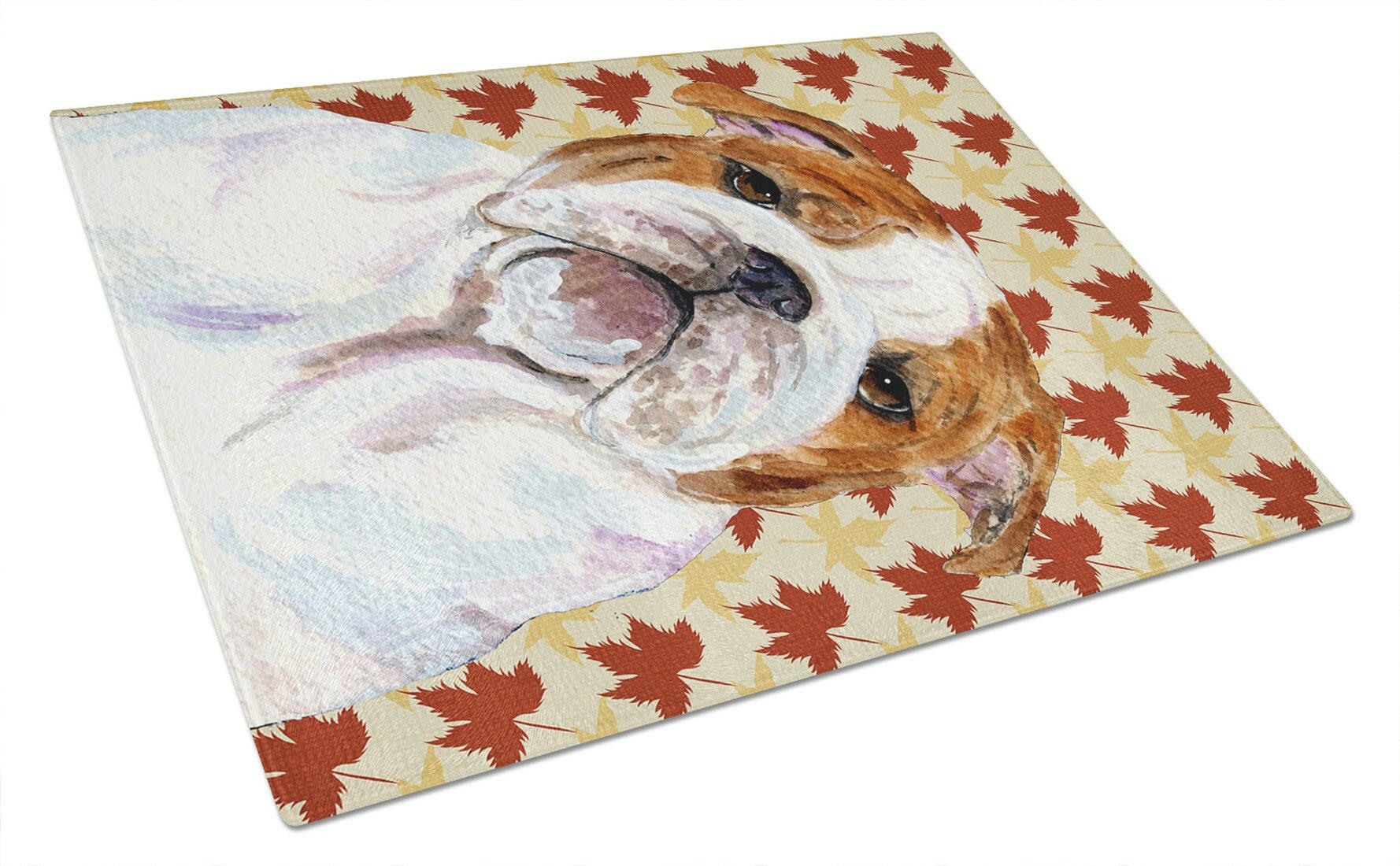 Bulldog English Fall Leaves Portrait Cutting Board Tempered Glass Kitchen Cutting Surface, Heat Resistant Chopping, Non-Slip Feet, Food Prep & Serving