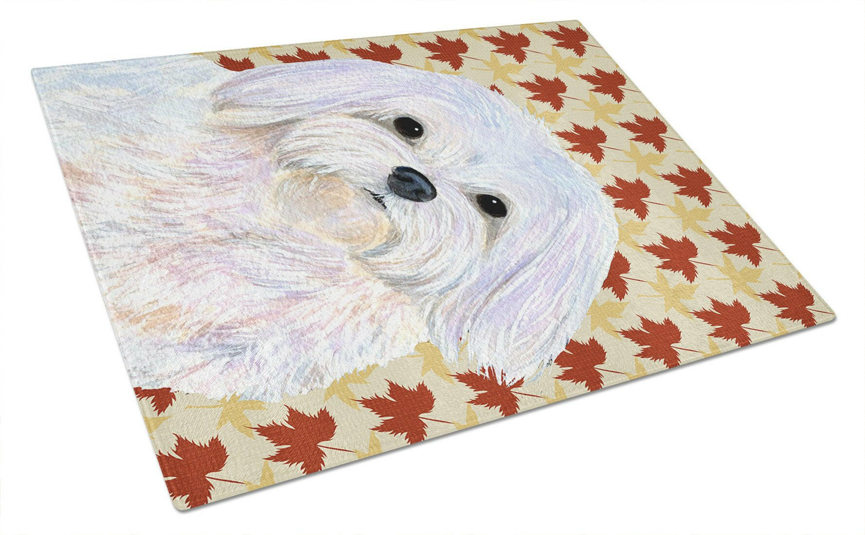 Maltese Fall Leaves Portrait Cutting Board Tempered Glass Kitchen Cutting Surface, Heat Resistant Chopping, Non-Slip Feet, Food Prep & Serving