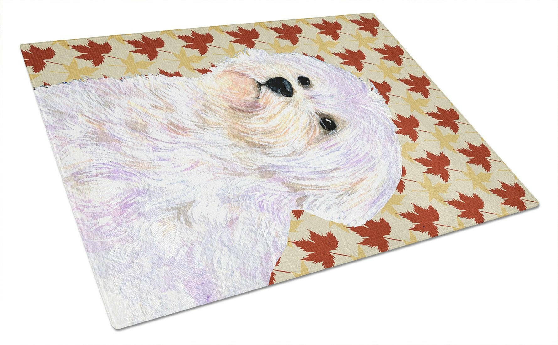 Maltese Fall Leaves Portrait Cutting Board Tempered Glass Kitchen Cutting Surface, Heat Resistant Chopping, Non-Slip Feet, Food Prep & Serving