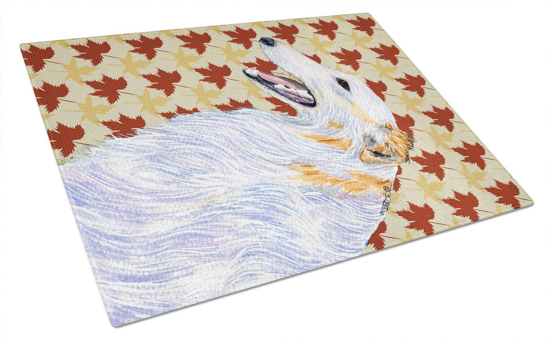 Borzoi Fall Leaves Portrait Cutting Board Tempered Glass Kitchen Cutting Surface, Heat Resistant Chopping, Non-Slip Feet, Food Prep & Serving