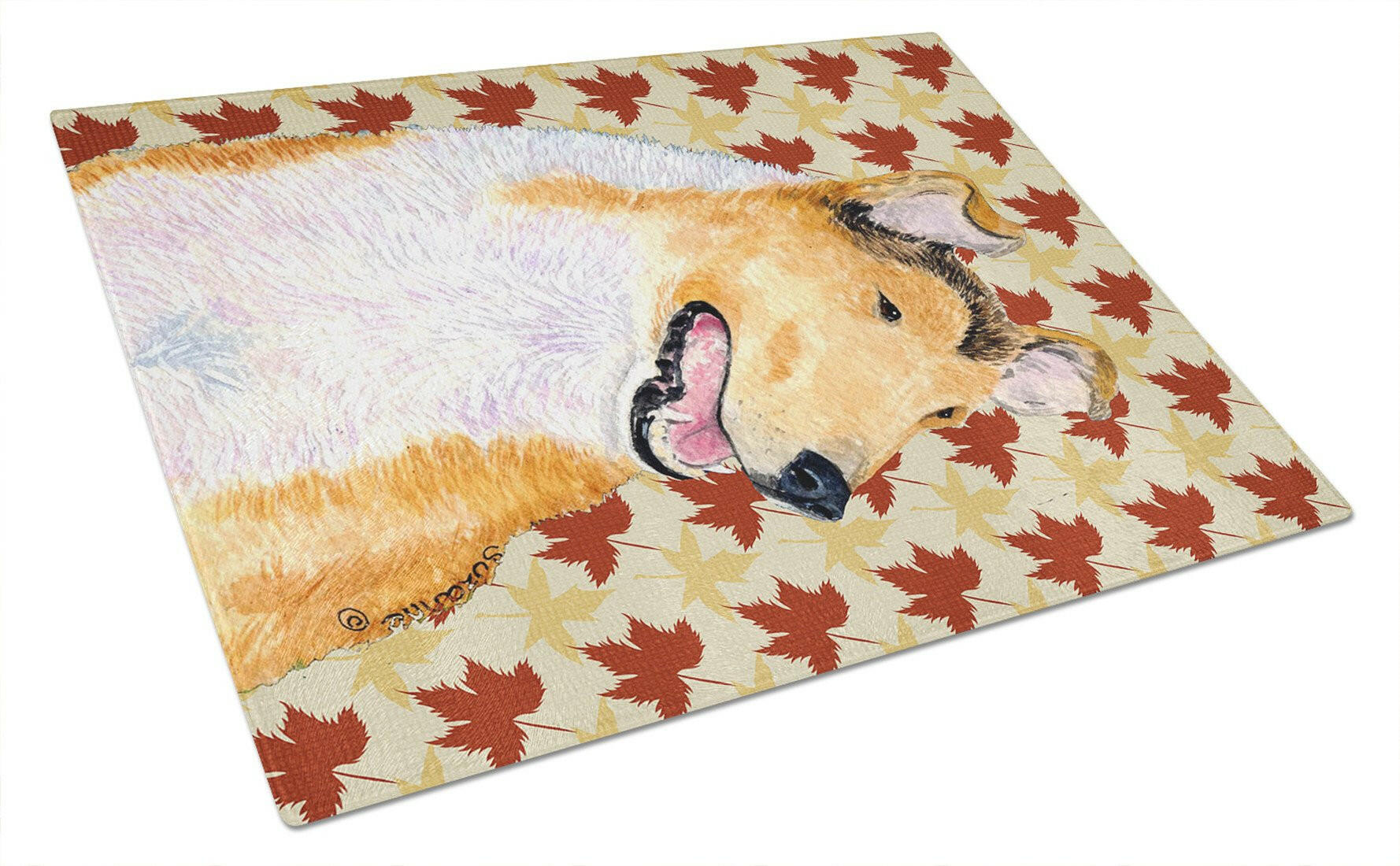 Collie Smooth Fall Leaves Portrait Cutting Board Tempered Glass Kitchen Cutting Surface, Heat Resistant Chopping, Non-Slip Feet, Food Prep & Serving