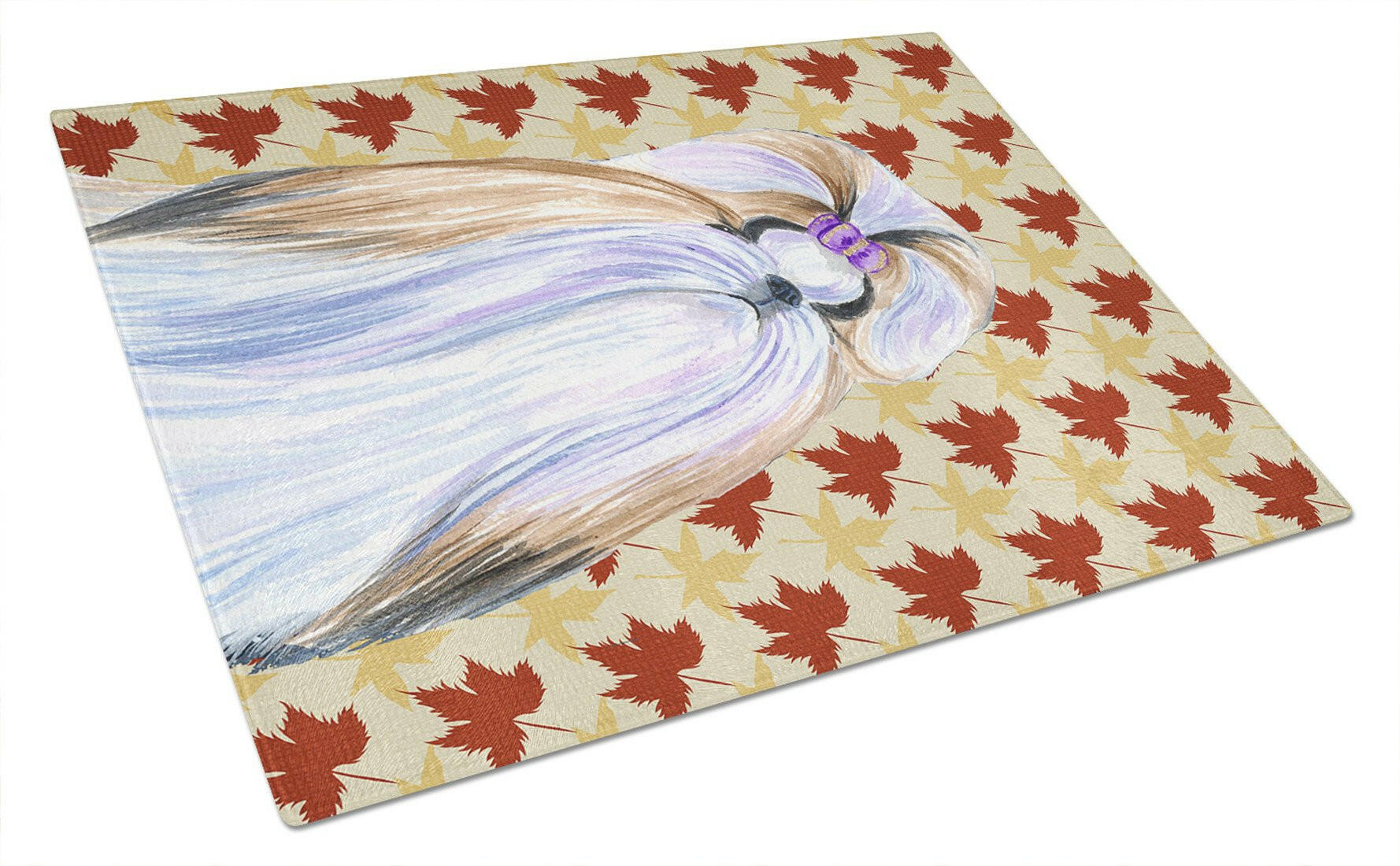 Shih Tzu Fall Leaves Portrait Cutting Board Tempered Glass Kitchen Cutting Surface, Heat Resistant Chopping, Non-Slip Feet, Food Prep & Serving