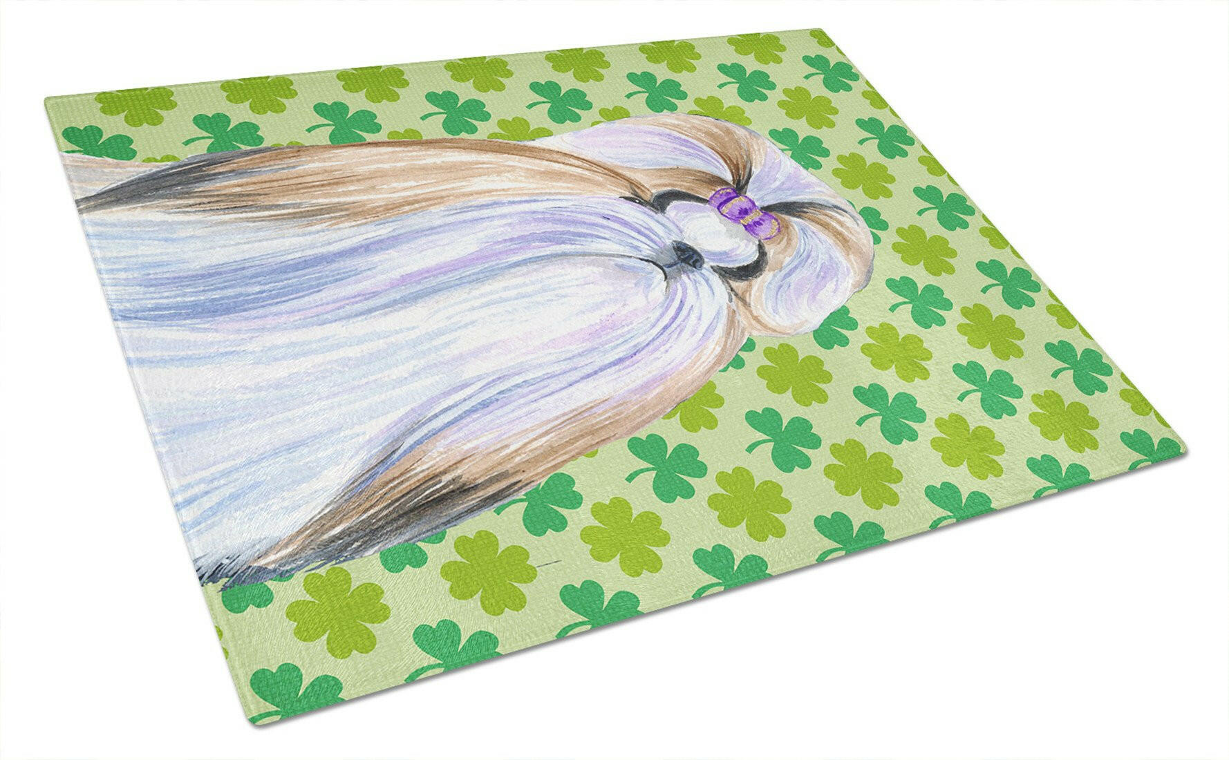 Shih Tzu St. Patrick's Day Shamrock Portrait Cutting Board Tempered Glass Kitchen Cutting Surface, Heat Resistant Chopping, Non-Slip Feet, Food Prep & Serving