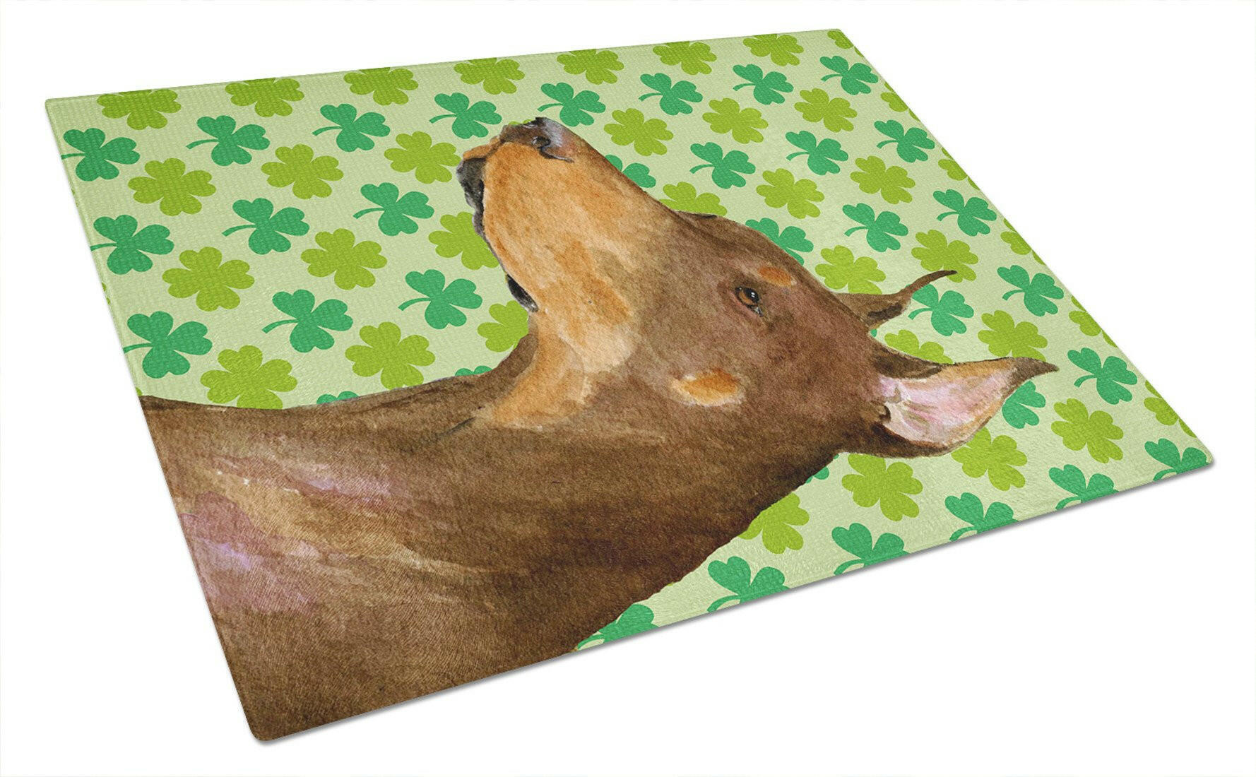 Doberman St. Patrick's Day Shamrock Portrait Cutting Board Tempered Glass Kitchen Cutting Surface, Heat Resistant Chopping, Non-Slip Feet, Food Prep & Serving