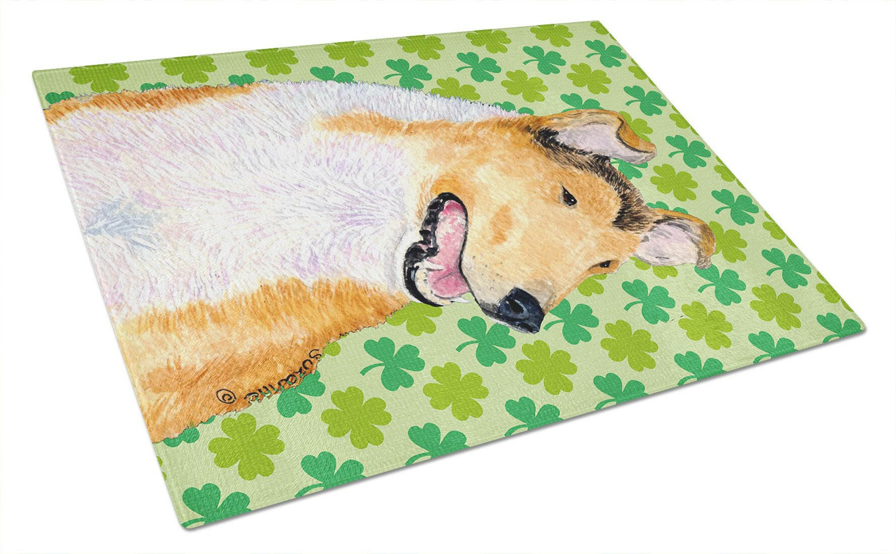 Collie Smooth St. Patrick's Day Shamrock Portrait Cutting Board Tempered Glass Kitchen Cutting Surface, Heat Resistant Chopping, Non-Slip Feet, Food Prep & Serving