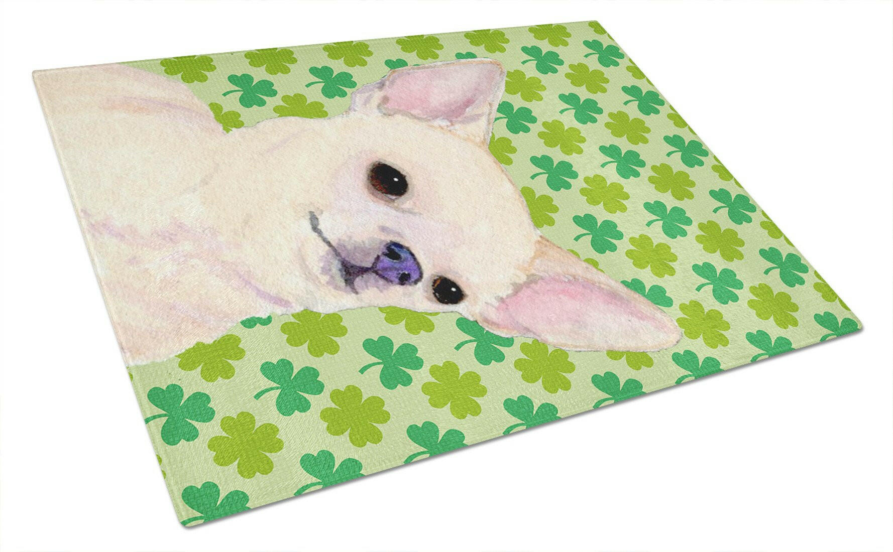 Chihuahua St. Patrick's Day Shamrock Portrait Cutting Board Tempered Glass Kitchen Cutting Surface, Heat Resistant Chopping, Non-Slip Feet, Food Prep & Serving