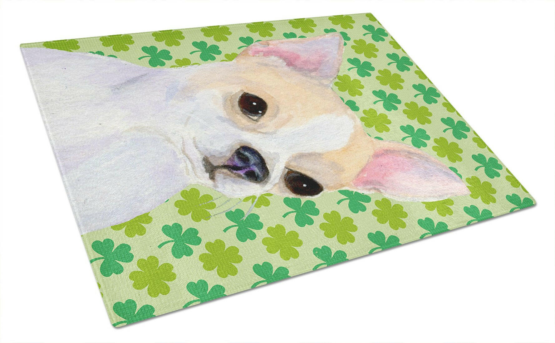 Chihuahua St. Patrick's Day Shamrock Portrait Cutting Board Tempered Glass Kitchen Cutting Surface, Heat Resistant Chopping, Non-Slip Feet, Food Prep & Serving