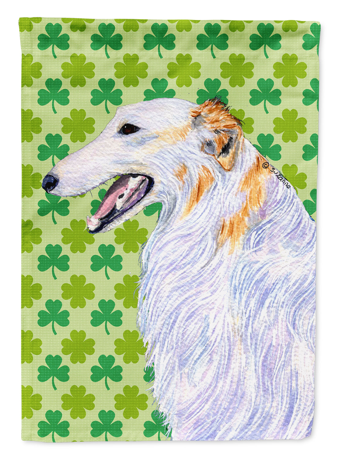 Borzoi St. Patrick's Day Shamrock Portrait House Flag 28x40 Porch Sleeve Pole Decorative Outside Yard Banner Artwork Wall Hanging, Polyester