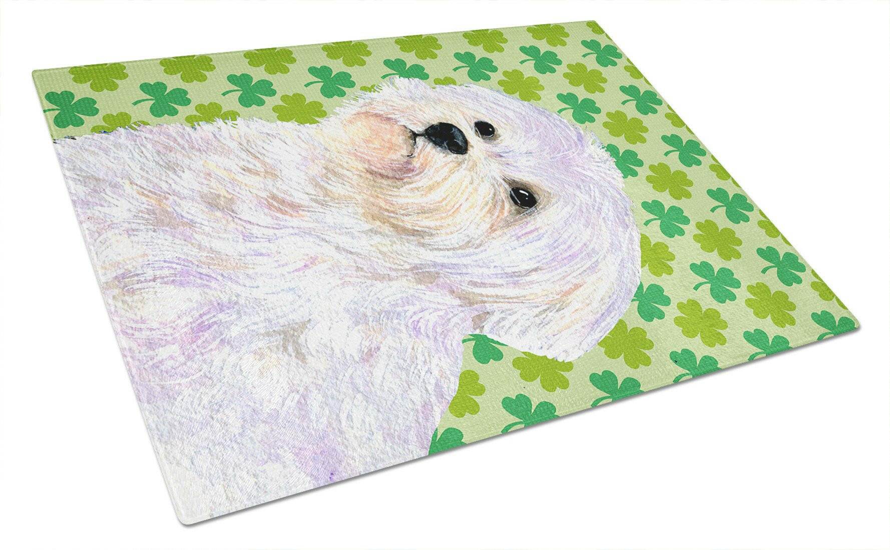 Maltese St. Patrick's Day Shamrock Portrait Cutting Board Tempered Glass Kitchen Cutting Surface, Heat Resistant Chopping, Non-Slip Feet, Food Prep & Serving
