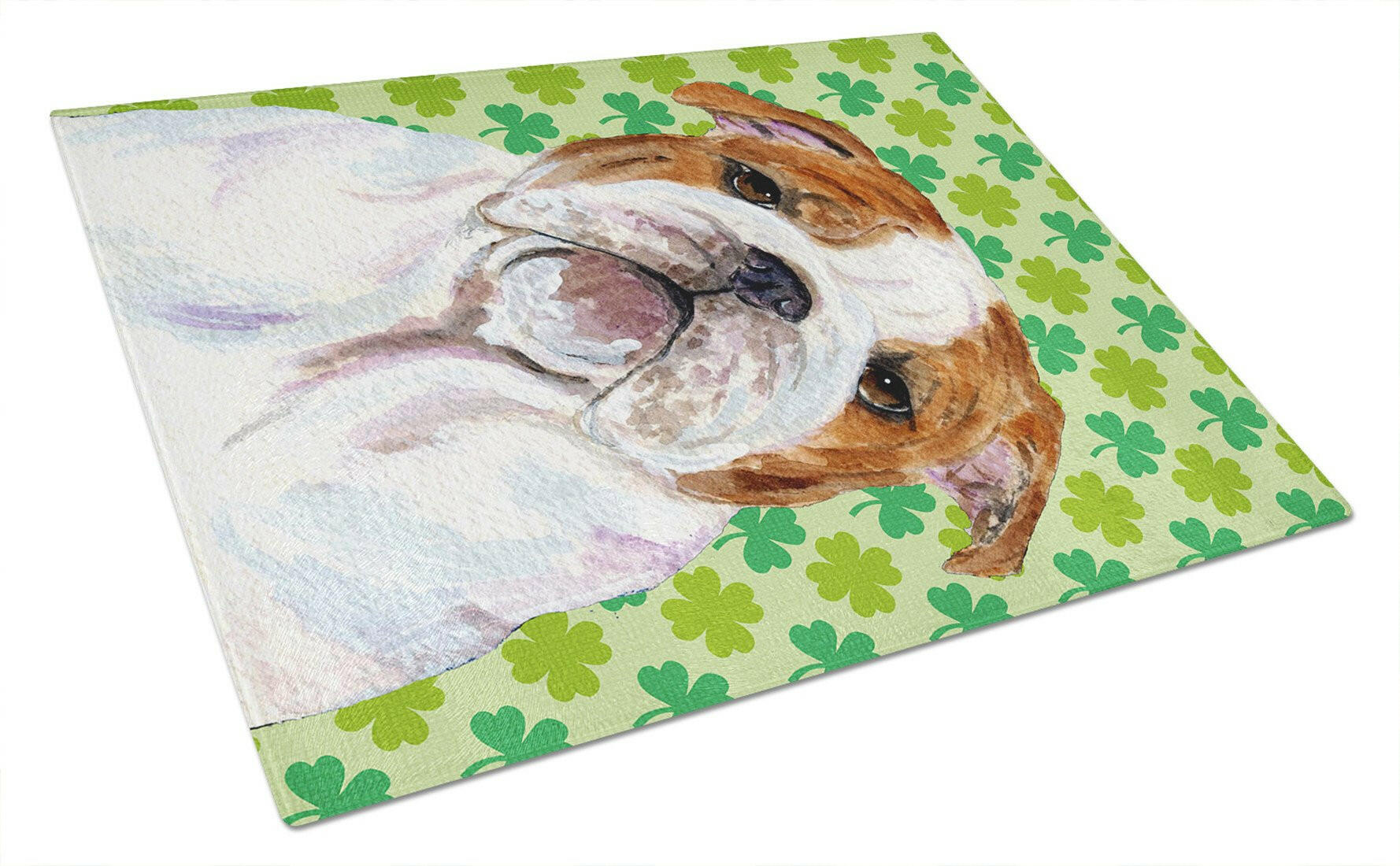Bulldog English St. Patrick's Day Shamrock Portrait Cutting Board Tempered Glass Kitchen Cutting Surface, Heat Resistant Chopping, Non-Slip Feet, Food Prep & Serving