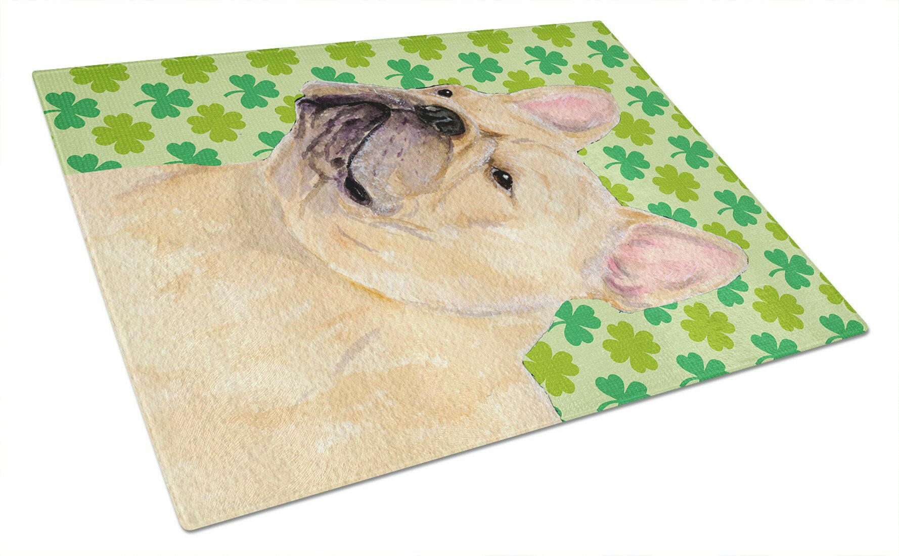French Bulldog St. Patrick's Day Shamrock Portrait Cutting Board Tempered Glass Kitchen Cutting Surface, Heat Resistant Chopping, Non-Slip Feet, Food Prep & Serving