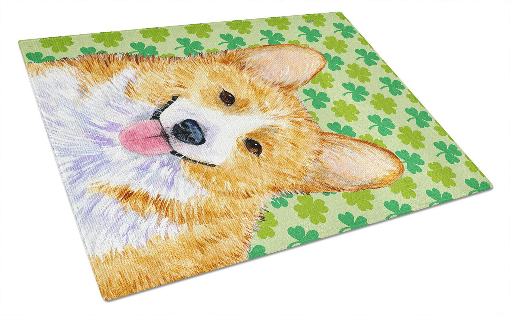 Corgi St. Patrick's Day Shamrock Portrait Cutting Board Tempered Glass Kitchen Cutting Surface, Heat Resistant Chopping, Non-Slip Feet, Food Prep & Serving