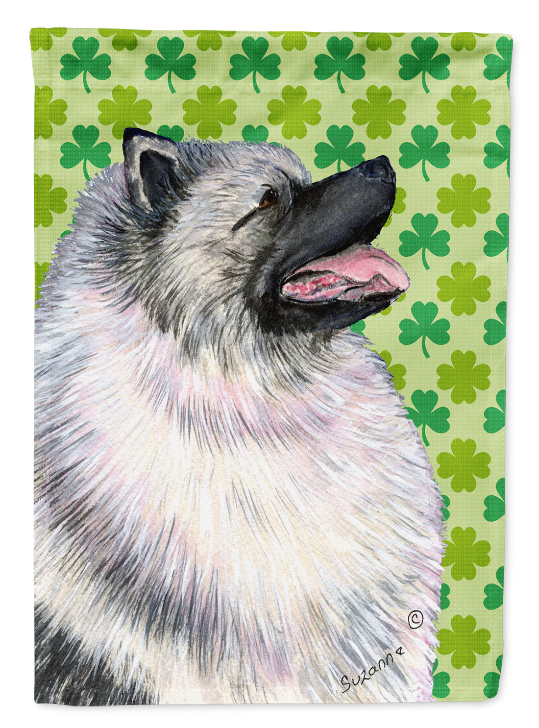 Keeshond St. Patrick's Day Shamrock Portrait House Flag 28x40 Porch Sleeve Pole Decorative Outside Yard Banner Artwork Wall Hanging, Polyester