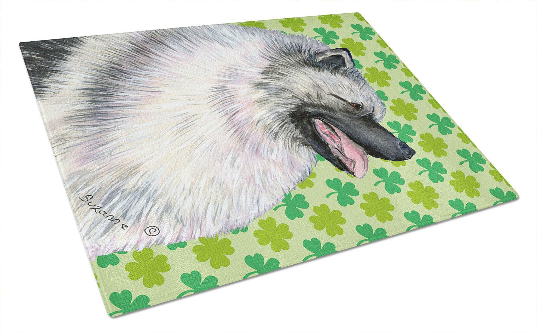 Keeshond St. Patrick's Day Shamrock Portrait Cutting Board Tempered Glass Kitchen Cutting Surface, Heat Resistant Chopping, Non-Slip Feet, Food Prep & Serving