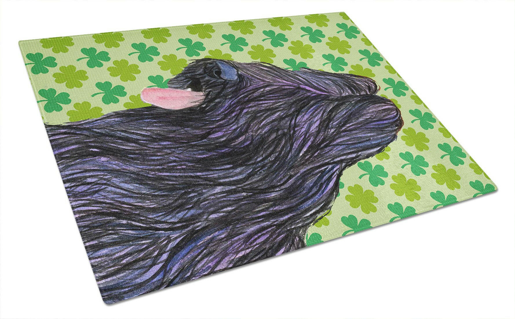 Briard St. Patrick's Day Shamrock Portrait Cutting Board Tempered Glass Kitchen Cutting Surface, Heat Resistant Chopping, Non-Slip Feet, Food Prep & Serving