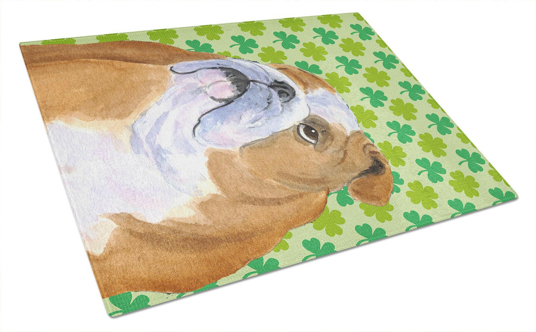 Bulldog English St. Patrick's Day Shamrock Portrait Cutting Board Tempered Glass Kitchen Cutting Surface, Heat Resistant Chopping, Non-Slip Feet, Food Prep & Serving