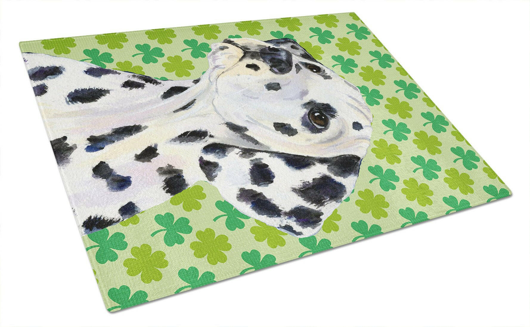 Dalmatian St. Patrick's Day Shamrock Portrait Cutting Board Tempered Glass Kitchen Cutting Surface, Heat Resistant Chopping, Non-Slip Feet, Food Prep & Serving