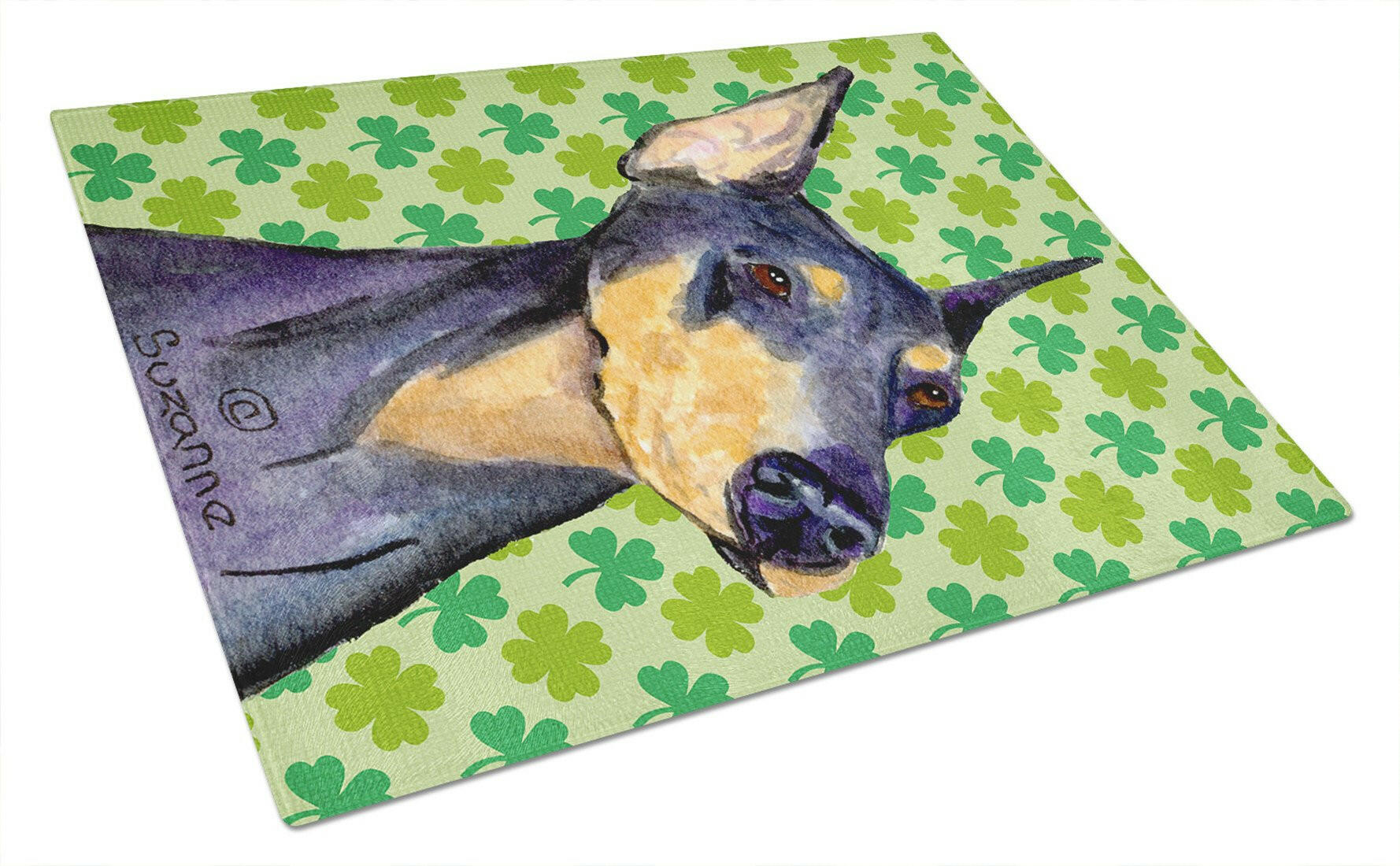 Doberman St. Patrick's Day Shamrock Portrait Cutting Board Tempered Glass Kitchen Cutting Surface, Heat Resistant Chopping, Non-Slip Feet, Food Prep & Serving