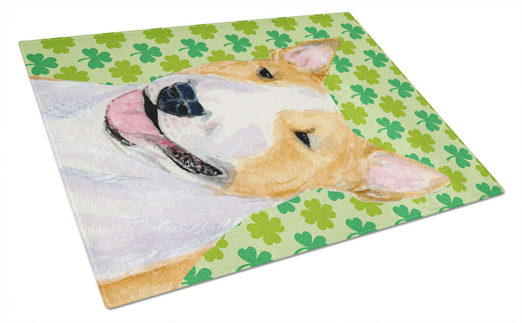 Bull Terrier St. Patrick's Day Shamrock Portrait Cutting Board Tempered Glass Kitchen Cutting Surface, Heat Resistant Chopping, Non-Slip Feet, Food Prep & Serving
