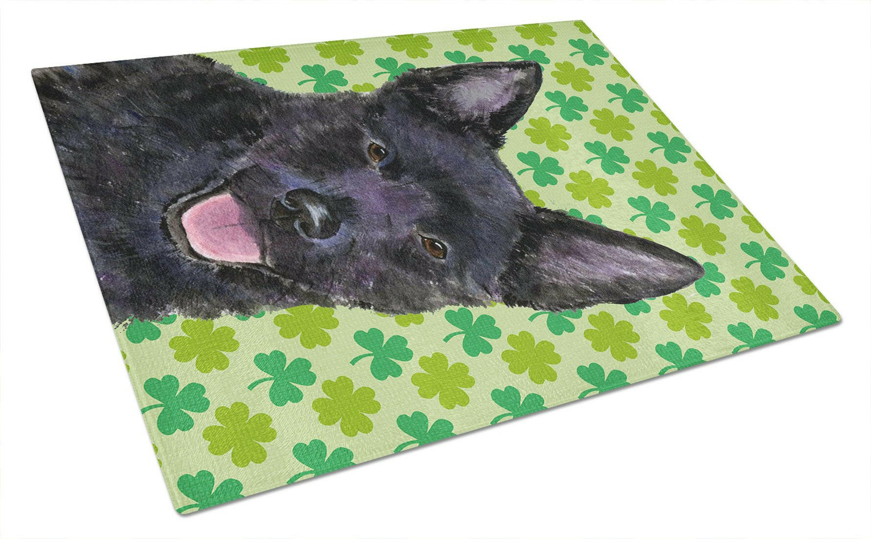 Australian Kelpie St. Patrick's Day Shamrock Portrait Cutting Board Tempered Glass Kitchen Cutting Surface, Heat Resistant Chopping, Non-Slip Feet, Food Prep & Serving