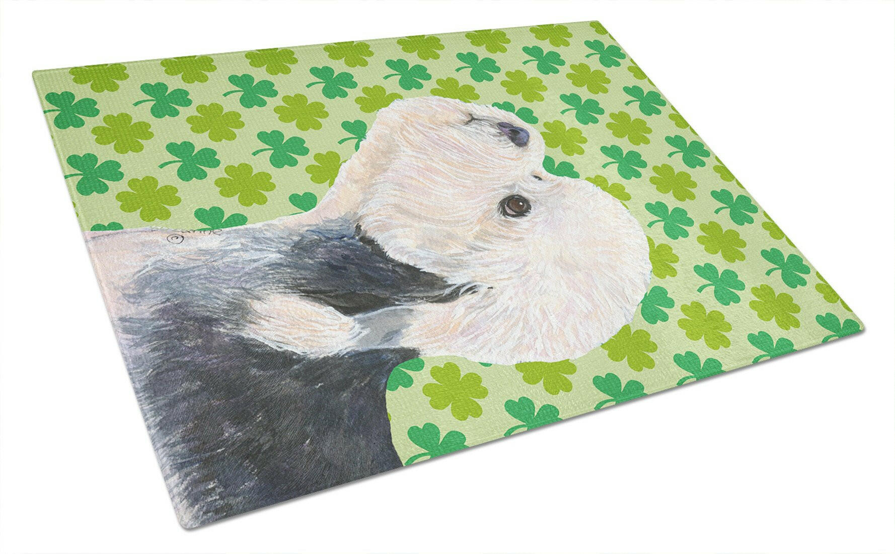Dandie Dinmont Terrier St. Patrick's Day Shamrock Cutting Board Tempered Glass Kitchen Cutting Surface, Heat Resistant Chopping, Non-Slip Feet, Food Prep & Serving