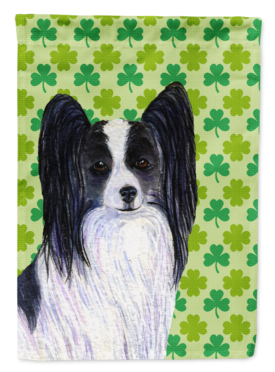 Papillon St. Patrick's Day Shamrock Portrait House Flag 28x40 Porch Sleeve Pole Decorative Outside Yard Banner Artwork Wall Hanging, Polyester
