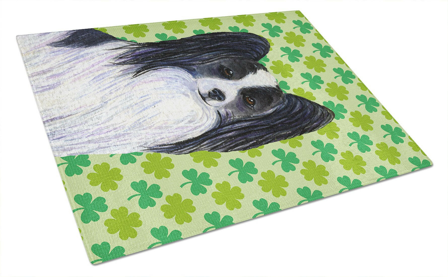 Papillon St. Patrick's Day Shamrock Portrait Cutting Board Tempered Glass Kitchen Cutting Surface, Heat Resistant Chopping, Non-Slip Feet, Food Prep & Serving