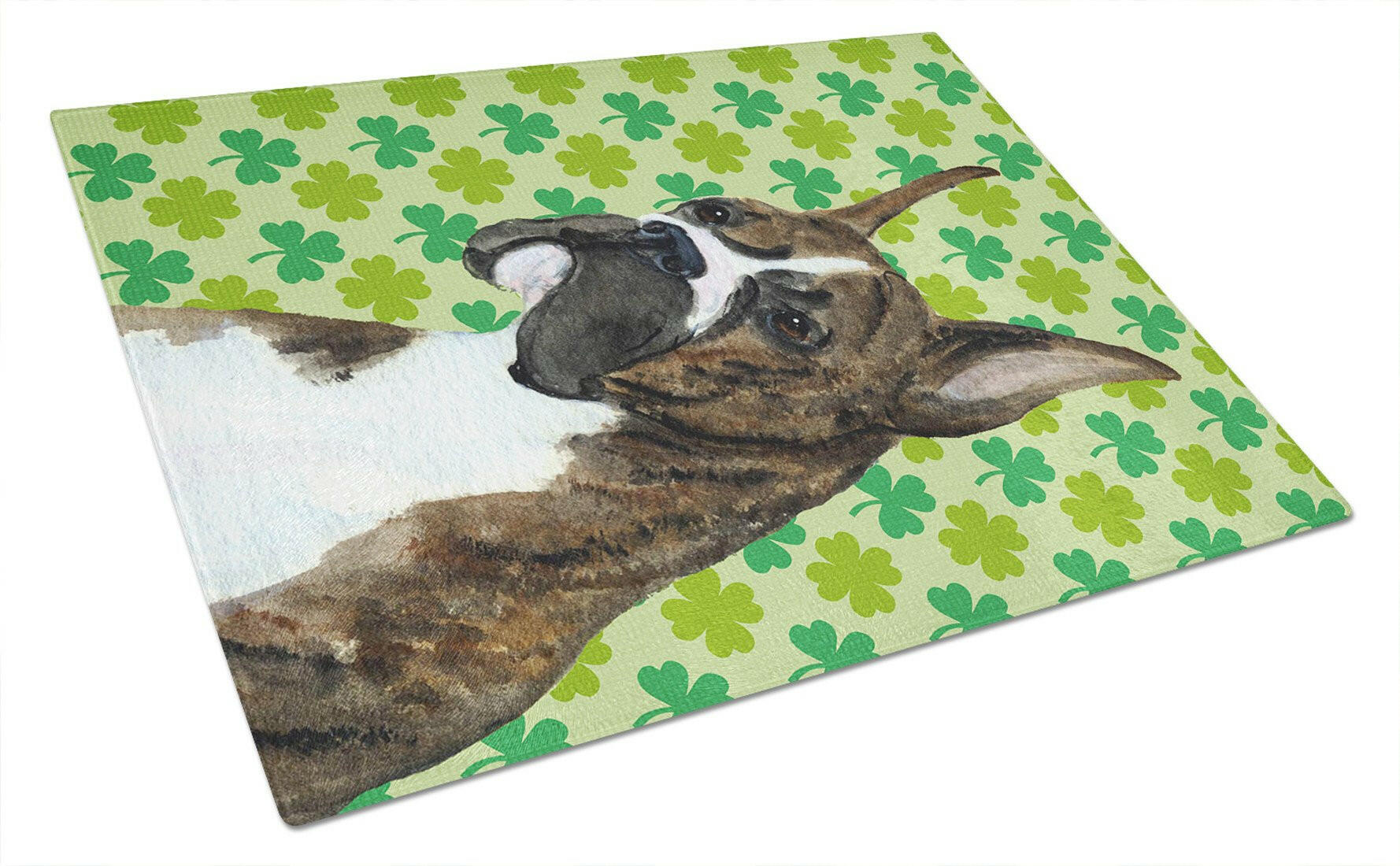 Boxer St. Patrick's Day Shamrock Portrait Cutting Board Tempered Glass Kitchen Cutting Surface, Heat Resistant Chopping, Non-Slip Feet, Food Prep & Serving