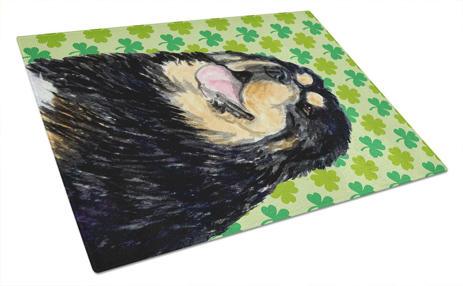 Tibetan Mastiff St. Patrick's Day Shamrock Portrait Cutting Board Tempered Glass Kitchen Cutting Surface, Heat Resistant Chopping, Non-Slip Feet, Food Prep & Serving