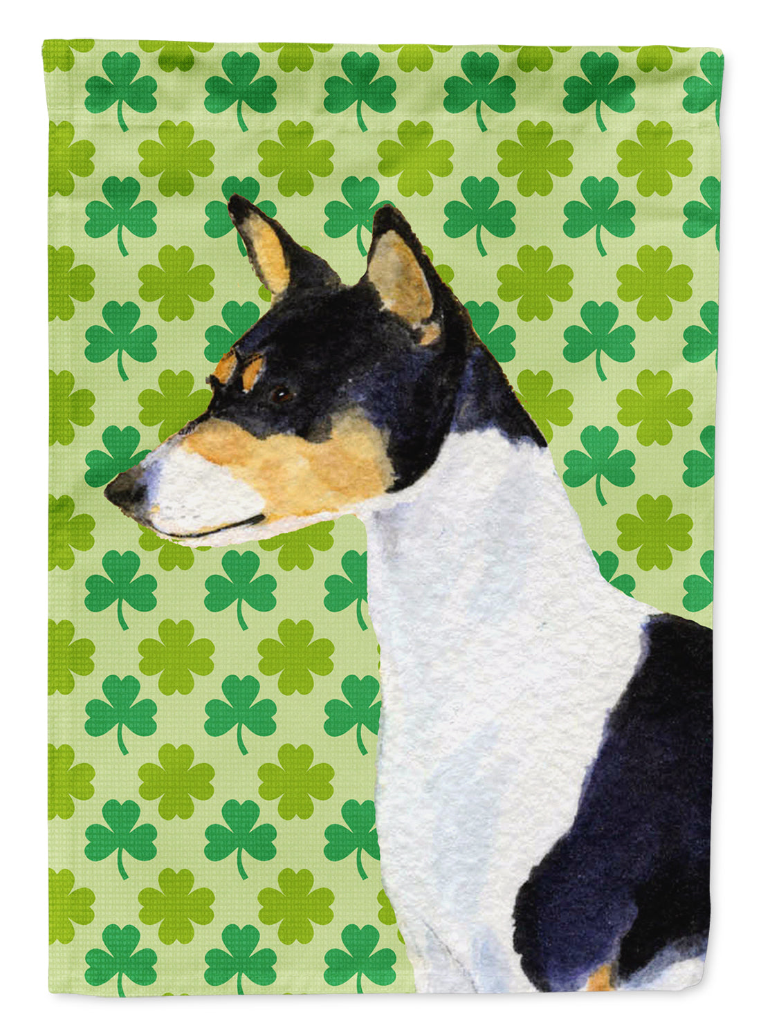 Basenji St. Patrick's Day Shamrock Portrait House Flag 28x40 Porch Sleeve Pole Decorative Outside Yard Banner Artwork Wall Hanging, Polyester