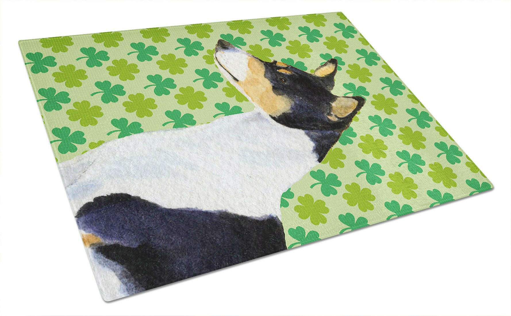 Basenji St. Patrick's Day Shamrock Portrait Cutting Board Tempered Glass Kitchen Cutting Surface, Heat Resistant Chopping, Non-Slip Feet, Food Prep & Serving