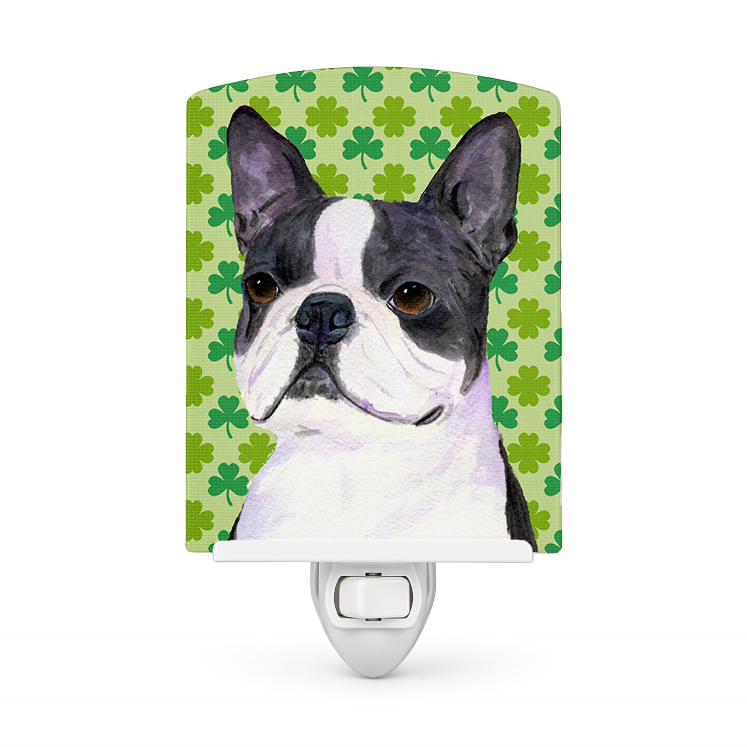 Boston Terrier St. Patrick's Day Shamrock Portrait Ceramic Night Light Compact, UL-Certified, Ideal for Bedroom, Bathroom, Nursery, Hallway, Kitchen, 6x4x3, Multicolor