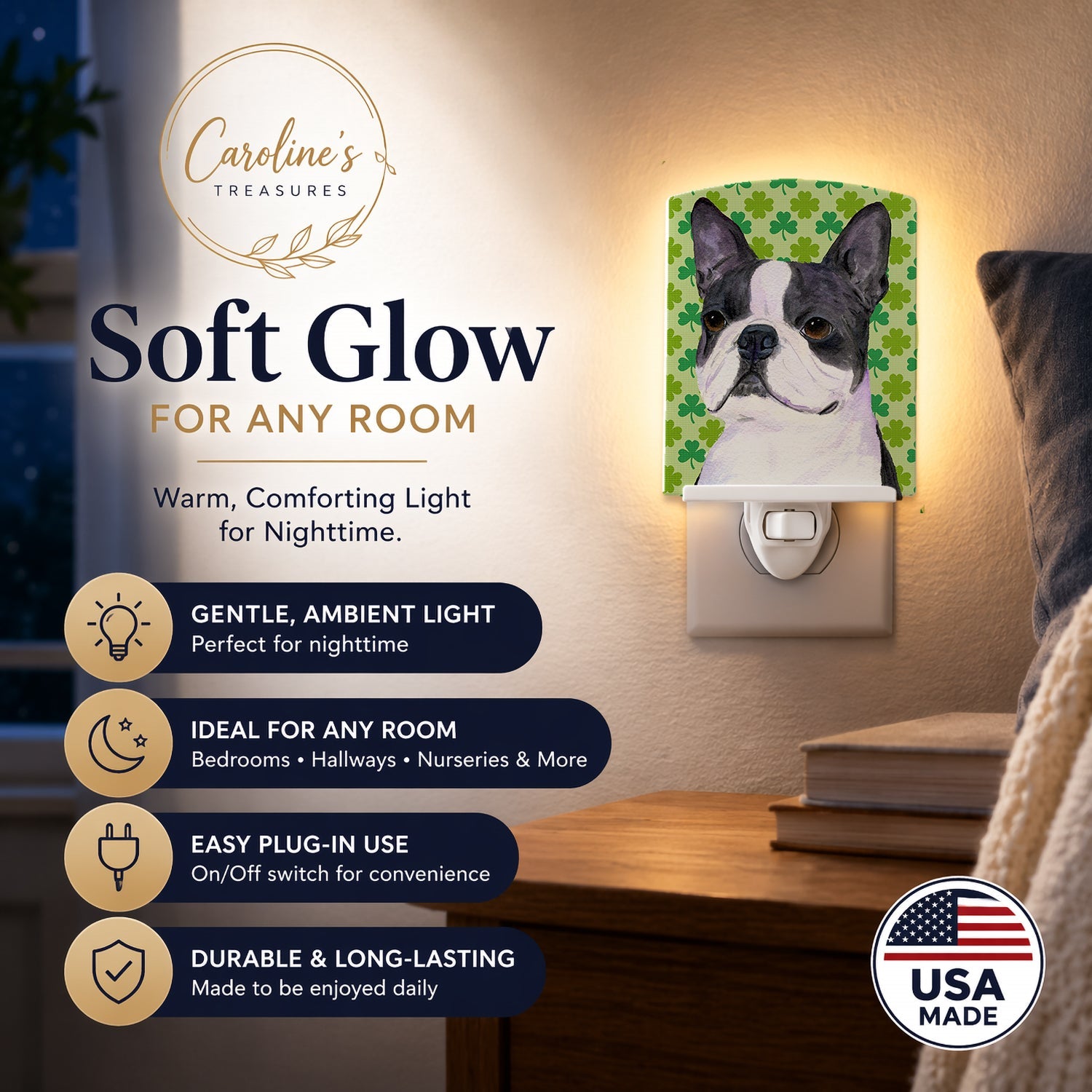 Boston Terrier St. Patrick's Day Shamrock Portrait Ceramic Night Light Compact, UL-Certified, Ideal for Bedroom, Bathroom, Nursery, Hallway, Kitchen, 6x4x3, Multicolor