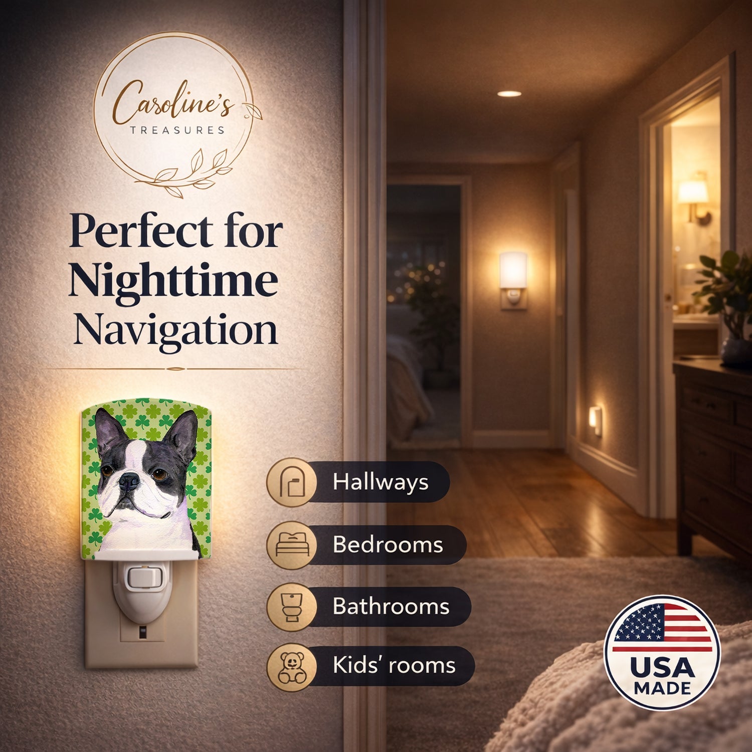 Boston Terrier St. Patrick's Day Shamrock Portrait Ceramic Night Light Compact, UL-Certified, Ideal for Bedroom, Bathroom, Nursery, Hallway, Kitchen, 6x4x3, Multicolor