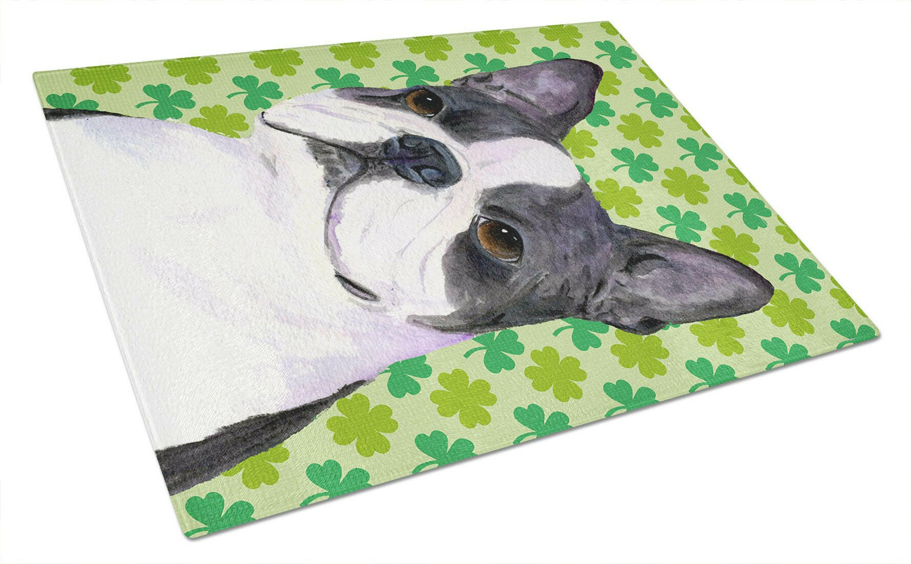 Boston Terrier St. Patrick's Day Shamrock Portrait Cutting Board Tempered Glass Kitchen Cutting Surface, Heat Resistant Chopping, Non-Slip Feet, Food Prep & Serving