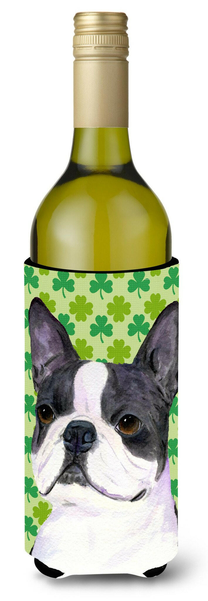 Boston Terrier St. Patrick's Day Shamrock Portrait Wine Bottle Hugger Gift Sleeve for Standard 750 ml Bottles, Insulated Reusable Also Fits Mini Shot & Pint Bottles